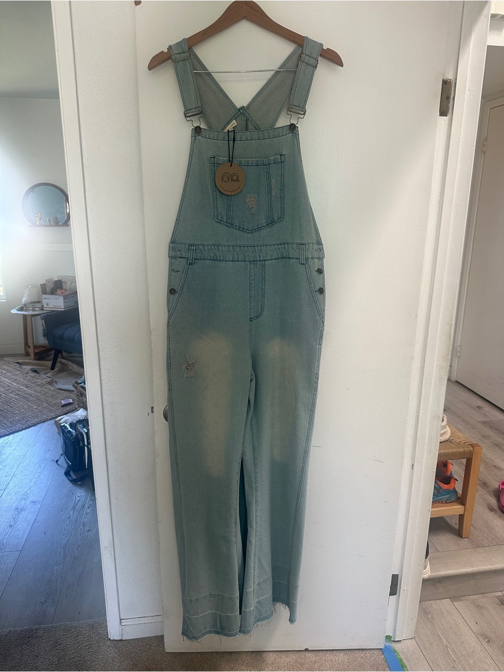 Light Wash Denim Overalls Jumpsuit, super wide leg bell bottom overalls, NWT, XL